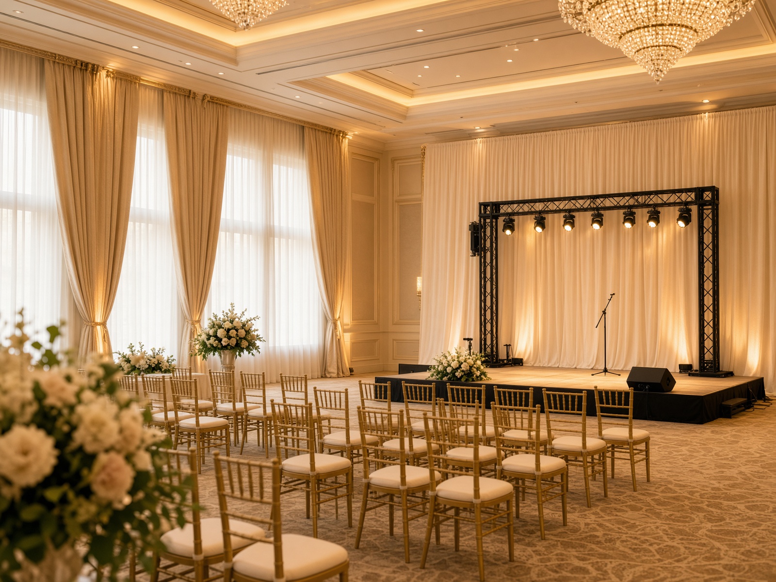 An event space ready for a booked act